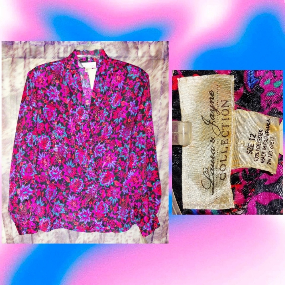 Laura & Jayne Collection Black/Multiclr Filigree Floral Woven Satin Blouse Sz 12